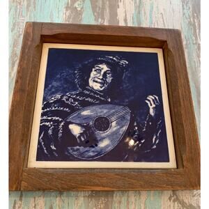 Vintage 5.5" Square Cobalt Tile in Wooden Frame Minstrel Portrait Blue White